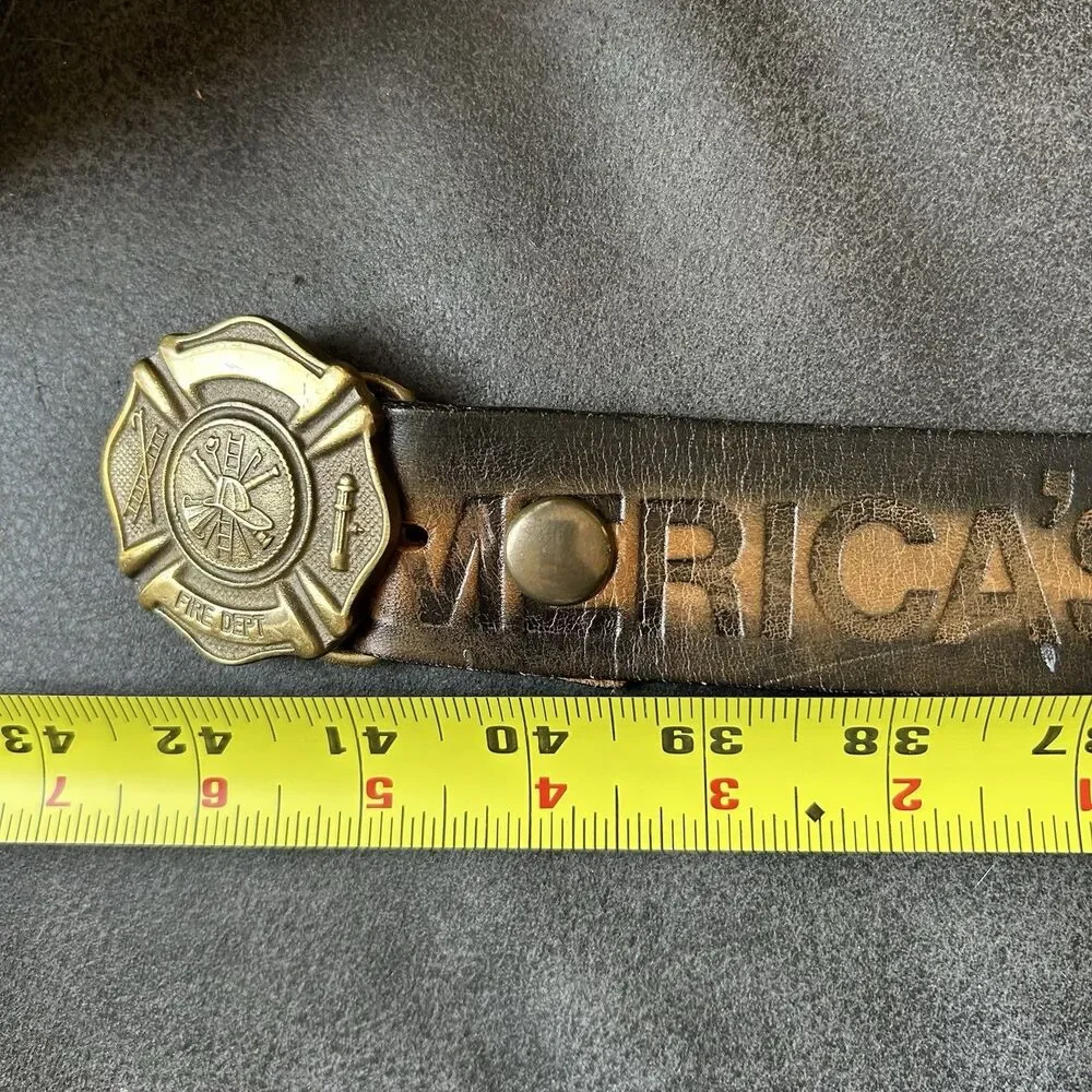 Vtg Americas Firefighters Mens Genuine Leather Belt Gold Buckle Fire Dept READ**
